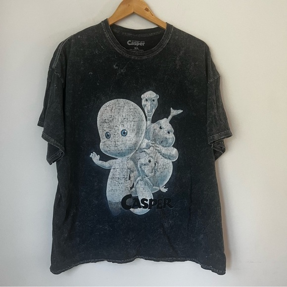 Distressed Oversized Casper Black Acid Wash Crewneck Graphic TShirt S M-L 🔷 - Picture 1 of 8